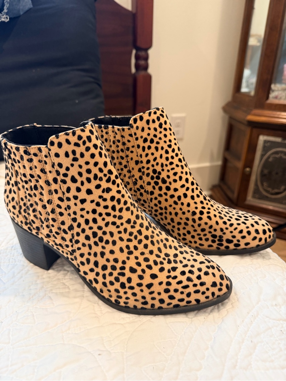 Qupid Leopard Print Tan and Black Ankle Heeled Boots